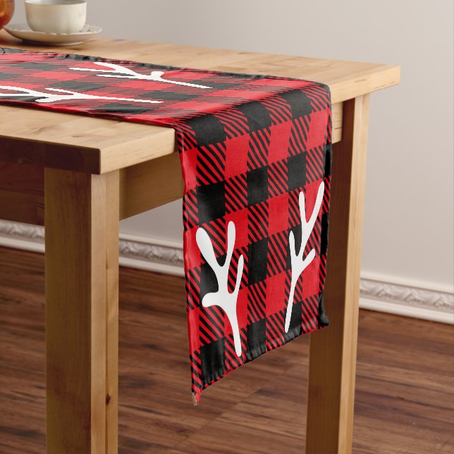 Cute contrast Buffalo check pattern black red deer Short Table Runner (In Situ)