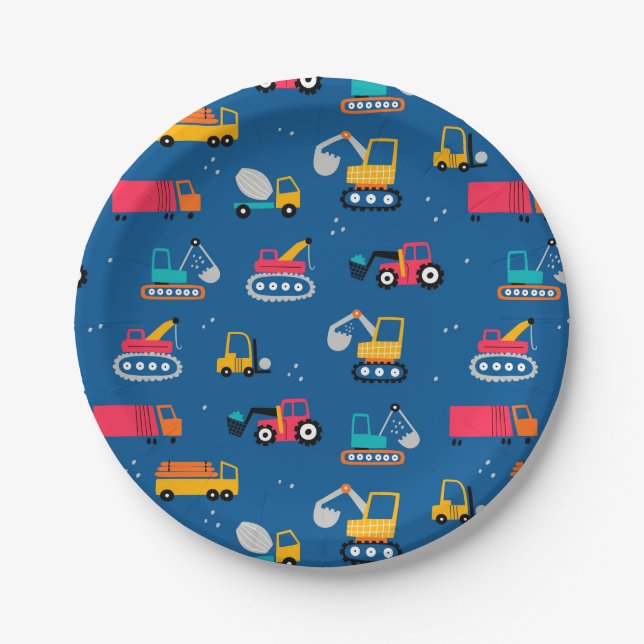 Cute Contruction Movers Pattern Paper Plates (Front)