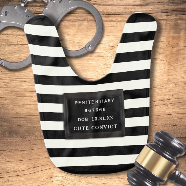 Cute Convict Black and White Striped Baby Bib (Cute convict baby bib for your little one that steals hearts. Just add their DOB !)