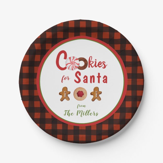 Cute Cookies for Santa red & black plaid border Paper Plates (Front)