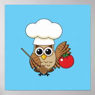 Cute Cooking Owl Cartoon Poster