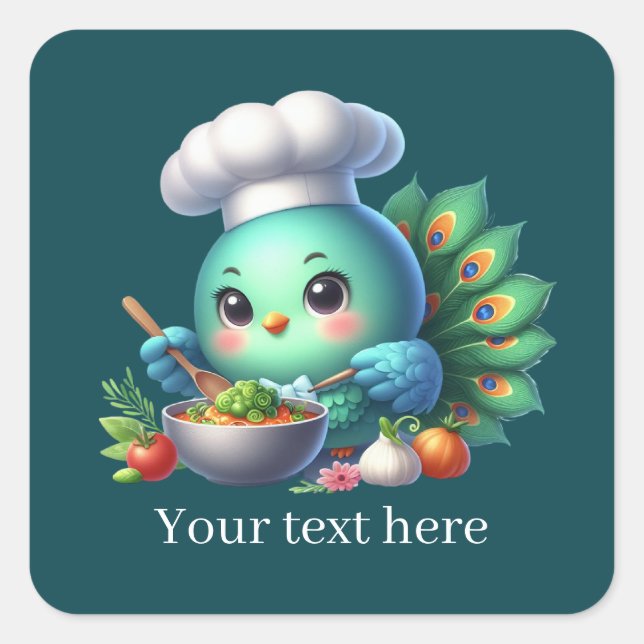 Cute cooking peacock customizable square sticker (Front)