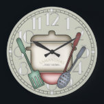 Cute Cooking Pot And Kitchen Utensils Custom Color Large Clock<br><div class="desc">A cute cooking pot and utensils personalized with your own text make this wall clock perfect for you! Simply edit the text template or go a step further and customize it to change the background color, make it suit your decor style and you have created a truly unique item for...</div>