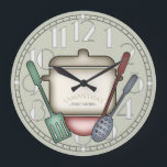 Cute Cooking Pot And Kitchen Utensils Custom Color Large Clock<br><div class="desc">A cute cooking pot and utensils personalized with your own text make this wall clock perfect for you! Simply edit the text template or go a step further and customize it to change the background color, make it suit your decor style and you have created a truly unique item for...</div>