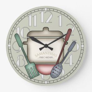 Cute Cooking Pot And Kitchen Utensils Custom Color Large Clock
