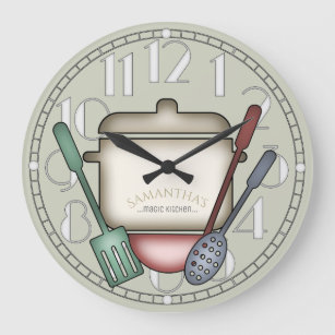 Cute Cooking Pot And Kitchen Utensils Custom Color Large Clock