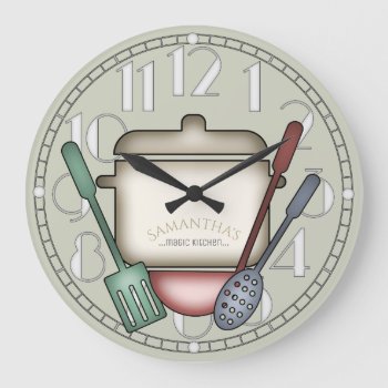 Cute Cooking Pot And Kitchen Utensils Custom Color Large Clock by TheClockShop at Zazzle