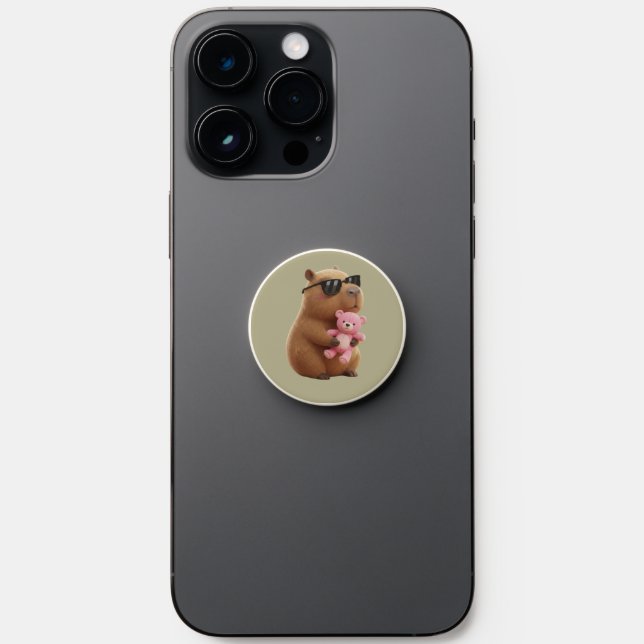 Cute Cool Capybara Hugging Teddy Bear Phone Grip (Front)