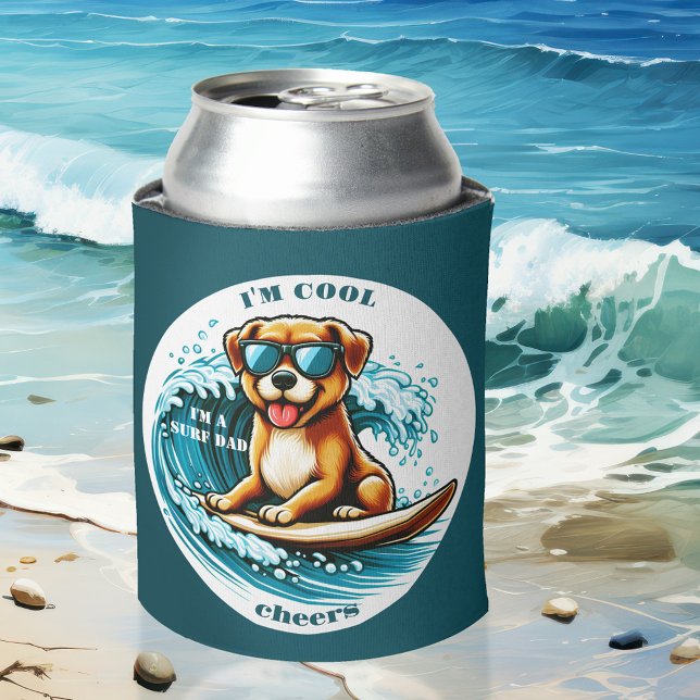 Cute Cool Cartoon Dog Surf Dad  Can Cooler (Funny can cooler featuring a cute dog on a surf board. Perfect for a dog lover or surfer, surf dad)