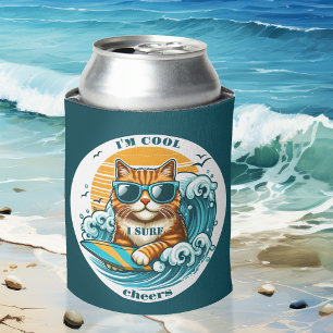 Cute Cool Cartoon Surf Cat Can Cooler