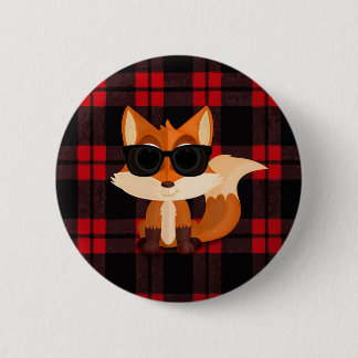 Cute Cool Fox with Sunglasses on Black Red Plaid Button