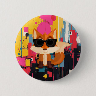 Cute Cool Fox with Sunglasses on Colorful Abstract Button