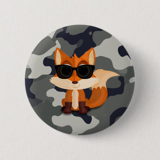 Cute Cool Fox with Sunglasses on Gray Camouflage Button