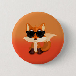Cute Cool Fox with Sunglasses on Orange Sunset Button