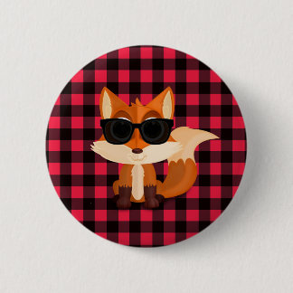 Cute Cool Fox with Sunglasses on Red Gingham Button