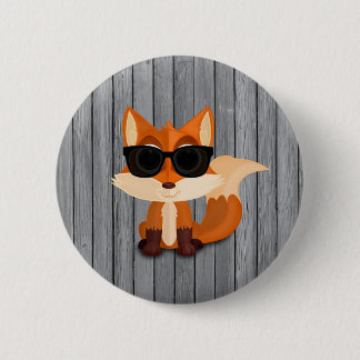 Cute Cool Fox with Sunglasses on Rustic Gray Wood Button