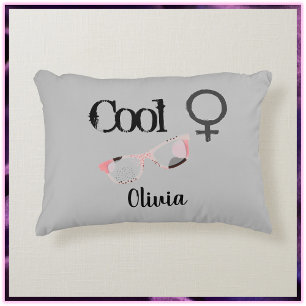 Cute Cool Girl with Sunglasses Gray and Pink Accent Pillow