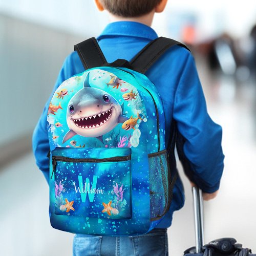 Cute Cool Happy Shark Blue Ocean Name Monogram Boy Printed Backpack