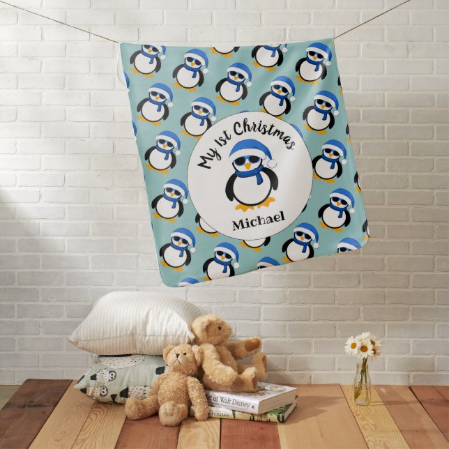 Cute cool penguin 1st Christmas winter Personalize Baby Blanket (In Situ)