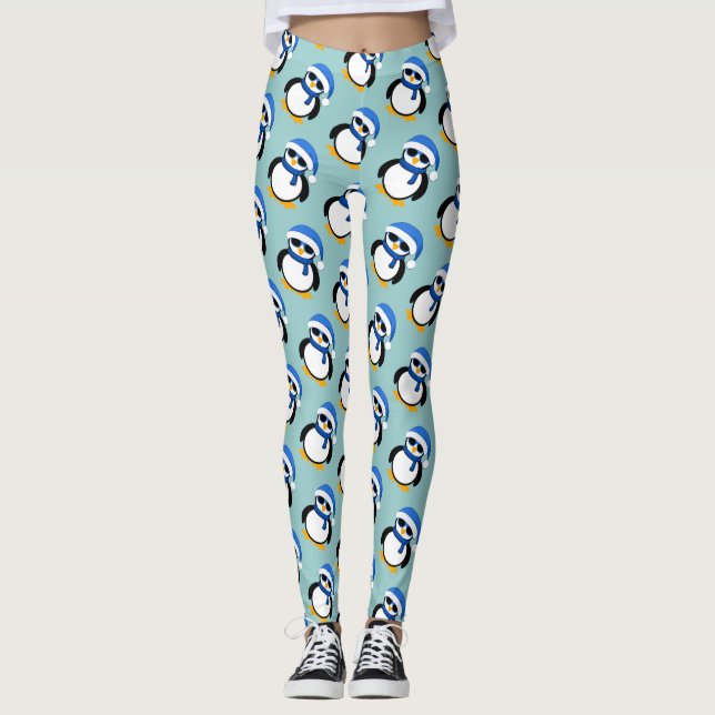 Cute cool penguin Christmas winter pattern blue Leggings (Front)