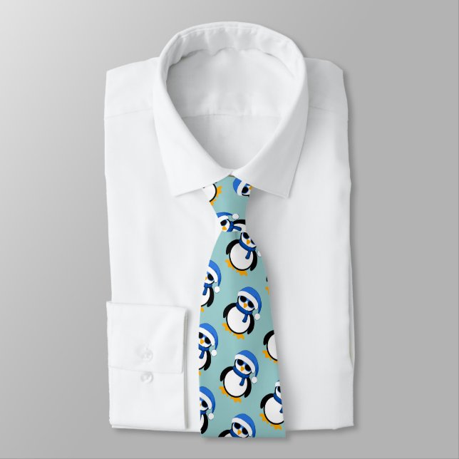 Cute cool penguin Christmas winter pattern blue Neck Tie (Tied)