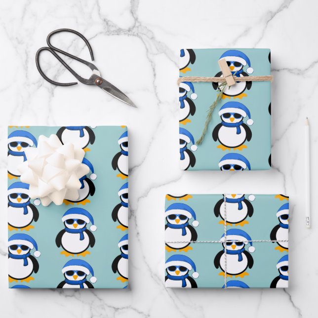 Cute cool penguin Christmas winter pattern blue Wrapping Paper Sheets (Front)