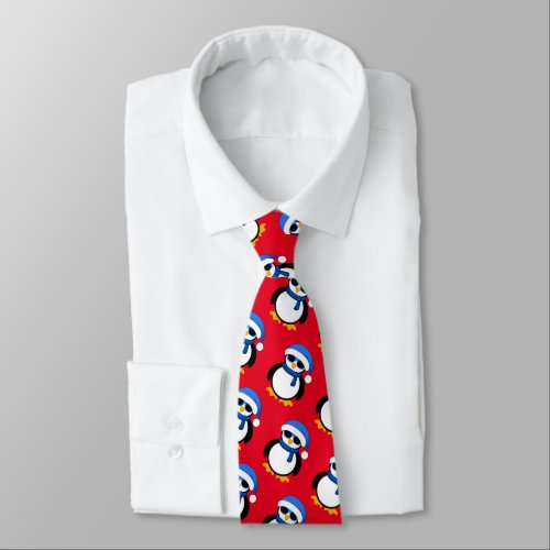 Cute cool penguin Christmas winter pattern red Neck Tie