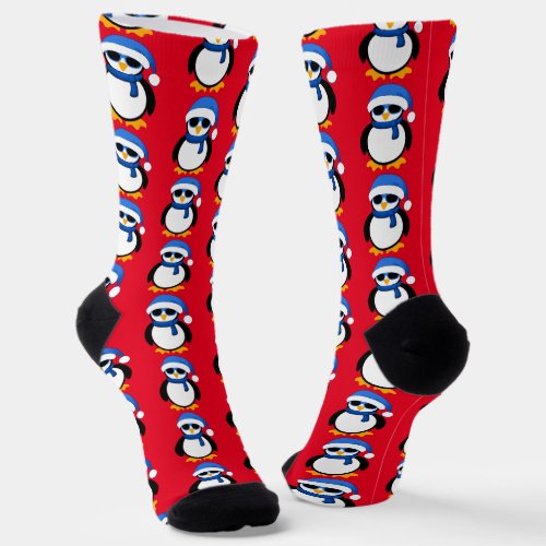 Cute cool penguin Christmas winter pattern red Socks