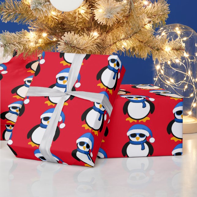 Cute cool penguin Christmas winter pattern red Wrapping Paper (Holidays)