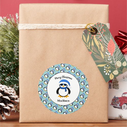 Cute cool penguin Christmas winter Personalize Classic Round Sticker