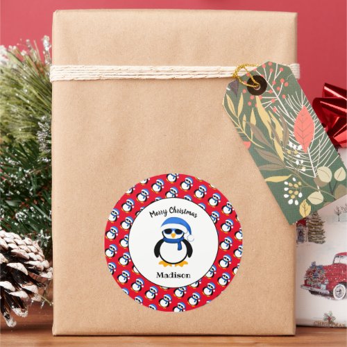 Cute cool penguin Christmas winter Personalize red Classic Round Sticker