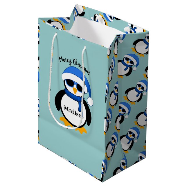 Cute cool penguin Merry Christmas Blue Personalize Medium Gift Bag (Front Angled)