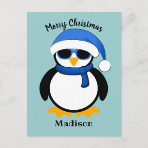 Cute cool penguin Merry Christmas blue Postcard