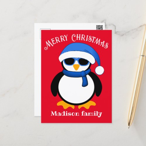 Cute cool penguin Merry Christmas red Postcard