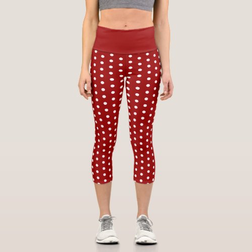 Cute cool red White polka dots retro pattern Capri Leggings