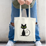 Cute Cool Sitting Black Cat With Green Eyes Tote Bag at Zazzle