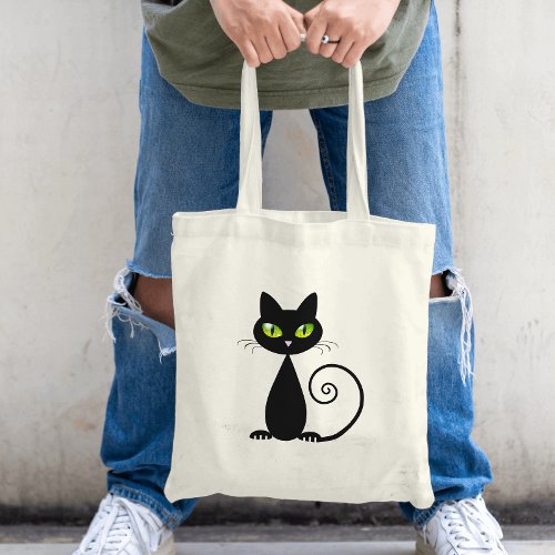 Cute Cool Sitting Black Cat with Green Eyes Tote Bag