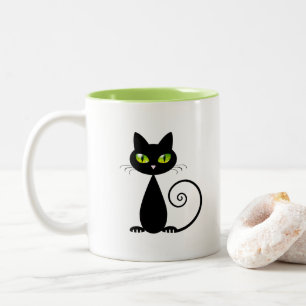 Cute Cool Sitting Black Cat with Green Eyes Two-Tone Coffee Mug
