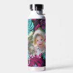 Cute Cool Tropical | Custom Photo and Script Text Water Bottle<br><div class="desc">Create your own custom Photo and Script Text Water Bottle with this modern and trendy template featuring your personalized photo, a modern calligraphy text where you can add motivational quote, kids name or any custom text, and a cool hawaiian leaves background in black, pink and blue. Any color, any font,...</div>