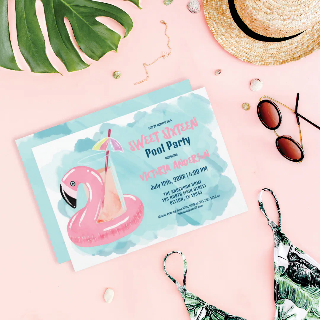 A bright and playful pool party invitation styled on a pastel pink surface alongside summer accessories including a straw hat with a black band, oversized round sunglasses, a green tropical print swimsuit, a large monstera leaf, a dainty gold necklace, and small decorative shells.