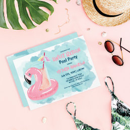 Cute Cool Tropical Flamingo Pool Party Sweet 16 Invitation