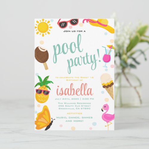 Cute Cool Tropical Pool Party Summer Birthday Invitation