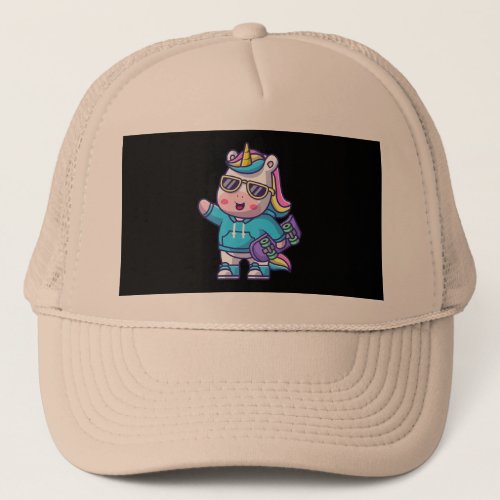 cute_cool_unicorn_holding_skateboard_cartoon_vecto trucker hat