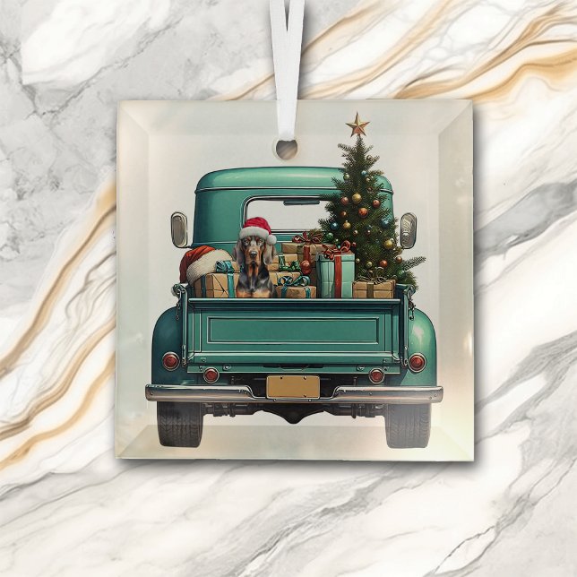 Cute Coonhound Dog Retro Truck Christmas Glass Ornament (Creator Uploaded)