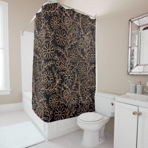 Cute Copper Chamomile Daisies Floral Black Shower Curtain