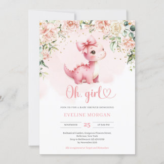 Cute coquette baby dinosaur It's a Girl floral Invitation