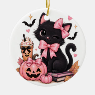 Cute Coquette Black Cat Halloween with Pink Bows Ceramic Ornament