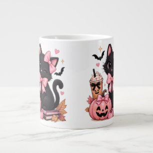 Cute Coquette Black Cat Halloween with Pink Bows Giant Coffee Mug