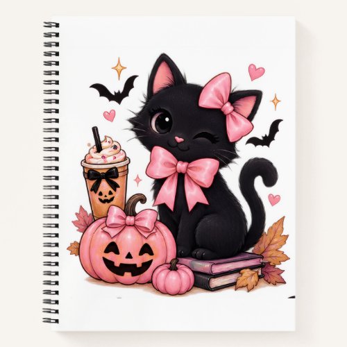 Cute Coquette Black Cat Halloween with Pink Bows Notebook