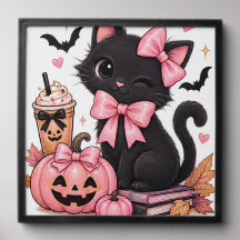 Cute Coquette Black Cat Halloween with Pink Bows
